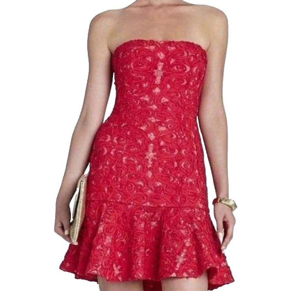 BCBGMaxAzria Women's Dress Size 6 Red Strapless Lace Ruffle Hem Party BCBG